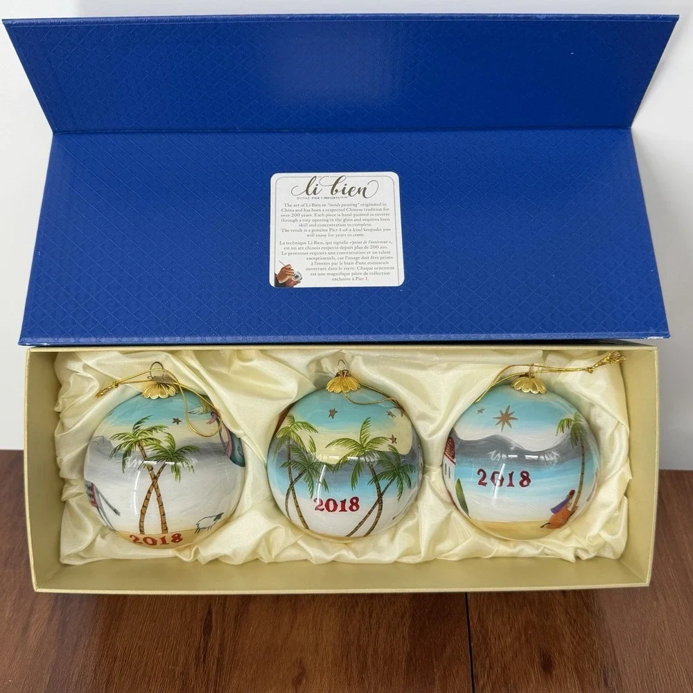 Three Hand Painted Pier One Li Bien 2018 Christmas Ornaments w/ 3 Position Box
